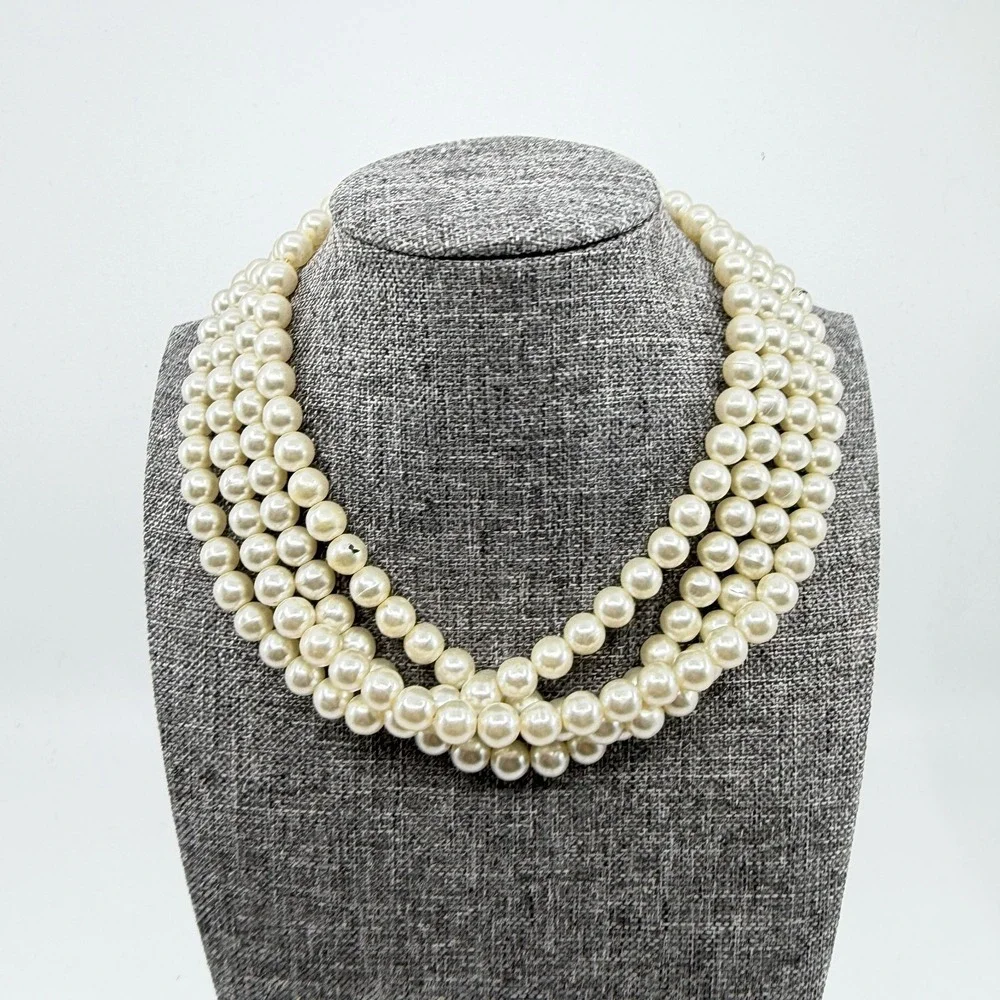 Cream Faux Pearl Multi Strand Necklace Chunky Coquette Statement Wedding Gift